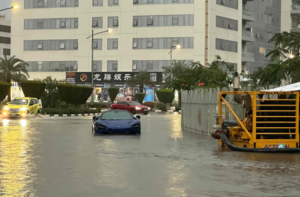 Sports car navigates flooded Dubai streets after heavy rains