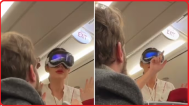 Emirates air hostess experiences Apple Vision Pro for the first time on a flight
