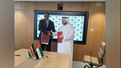 Kenya's ICT Cabinet Secretary Eliud Owalo (left), UAE's Investment Minister Mohamed Hassan Alsuwaidi