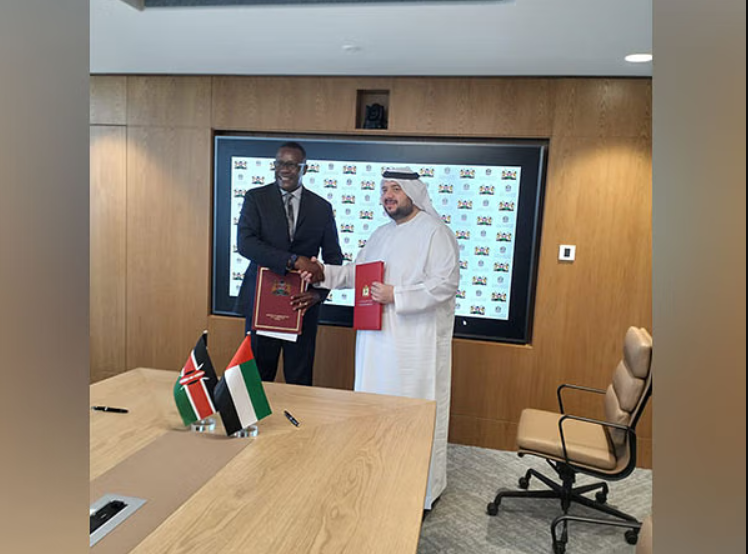 Kenya's ICT Cabinet Secretary Eliud Owalo (left), UAE's Investment Minister Mohamed Hassan Alsuwaidi