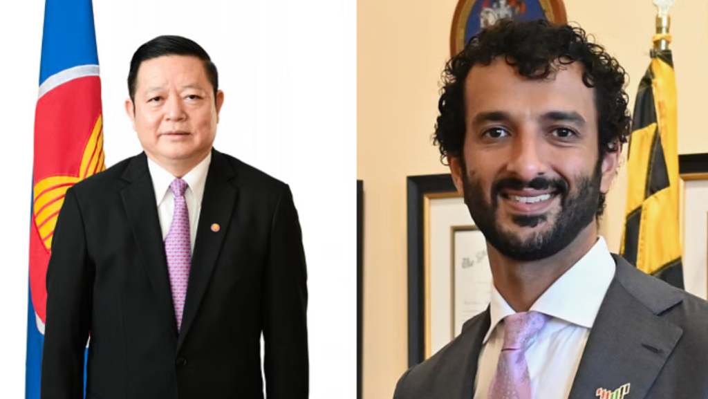 UAE Economy Minister Abdulla bin Touq and ASEAN Secretary-General Kao Kim Hourn engage in discussions