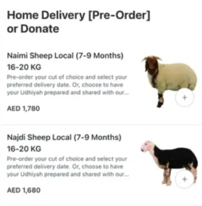 Screenshot of the UAE app that delivers Qurbani meat.