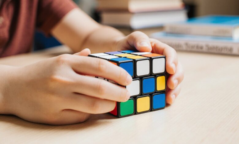 “Person solving Rubik’s Cube to improve memory, focus, and problem-solving skills – educational toy available at sandhai.ae.”